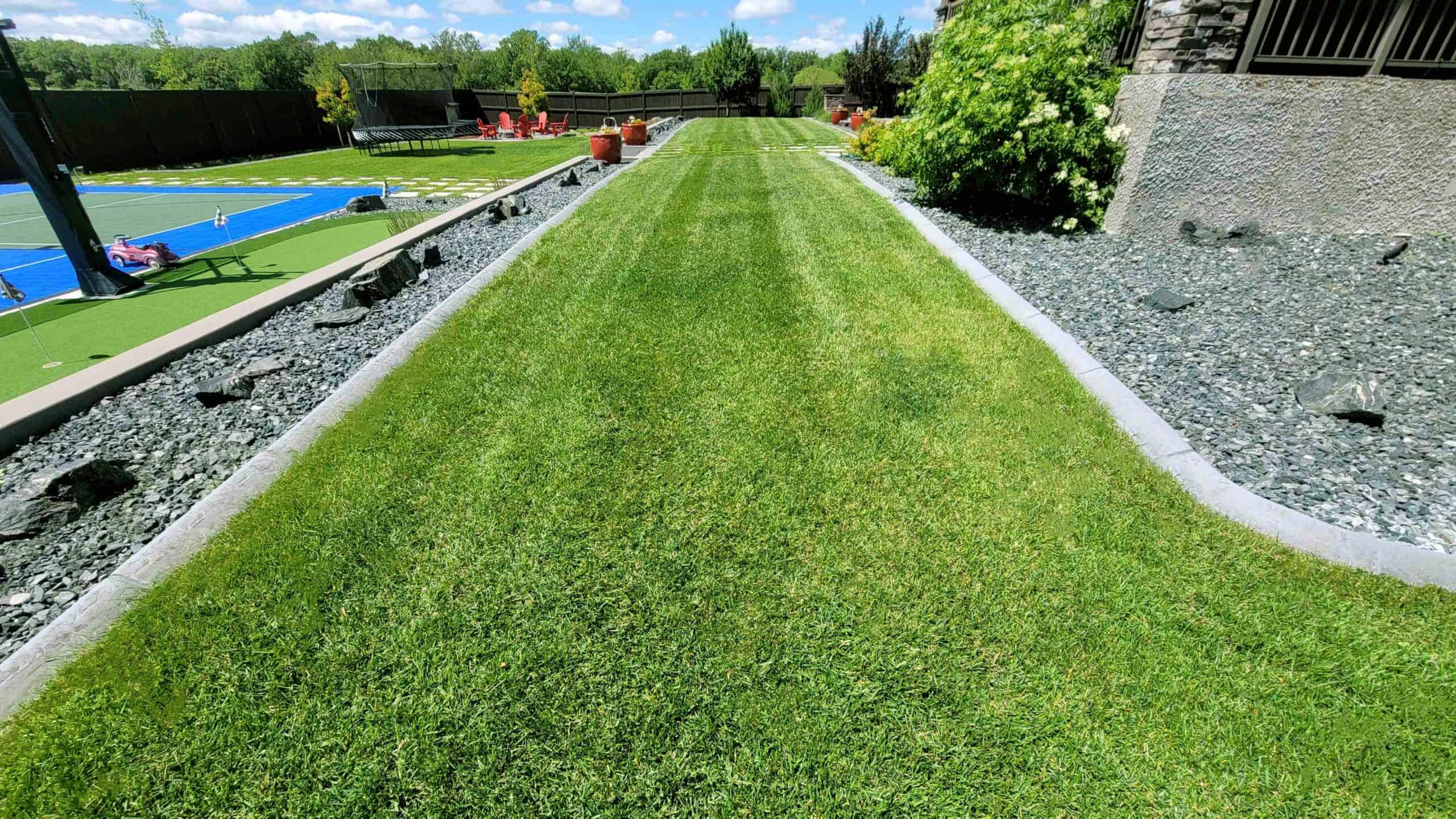 Deerpoint backyard with freshly installed green lawn and stone edging in Winnipeg