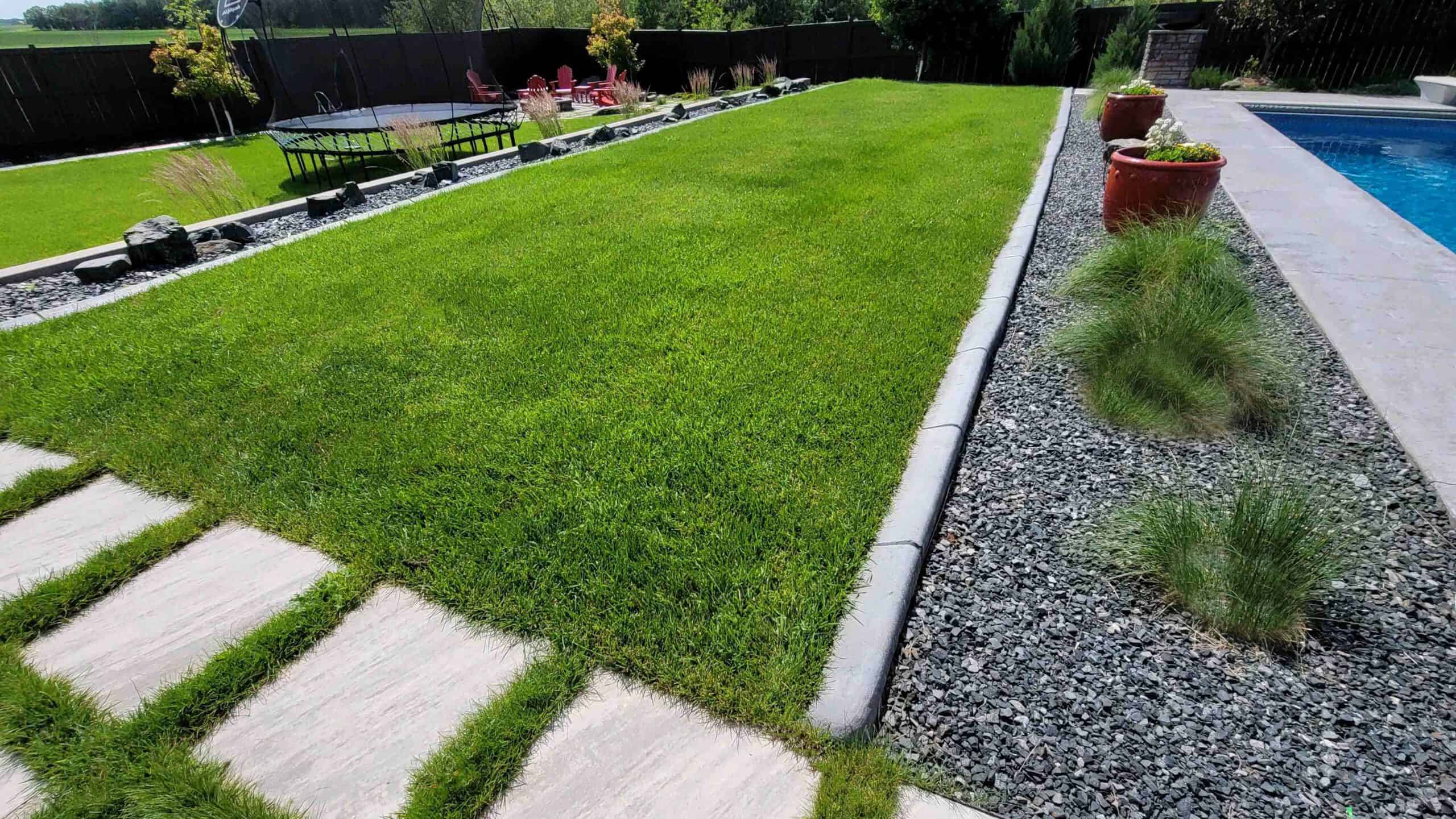 Backyard view with turf lawn and stepping stones from Lawn N Order Deerpoint project
