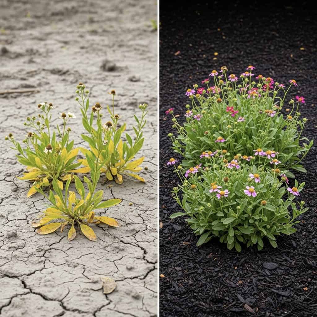 Side-by-side comparison of flowers in poor dry soil versus healthy flowers in mulch.