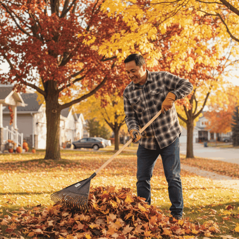 A man at winnipeg do fall clean for his yard