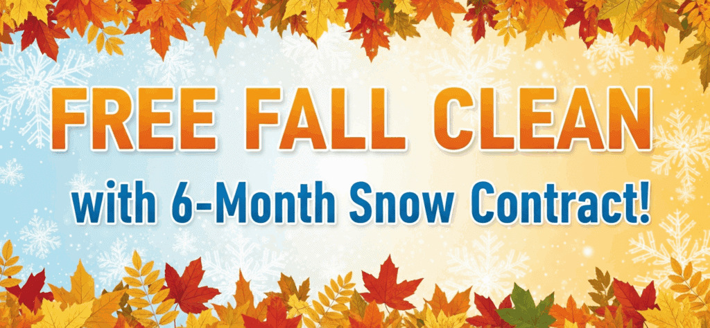 Promotional banner with autumn leaves advertising fall cleanup and six-month snow contracts.