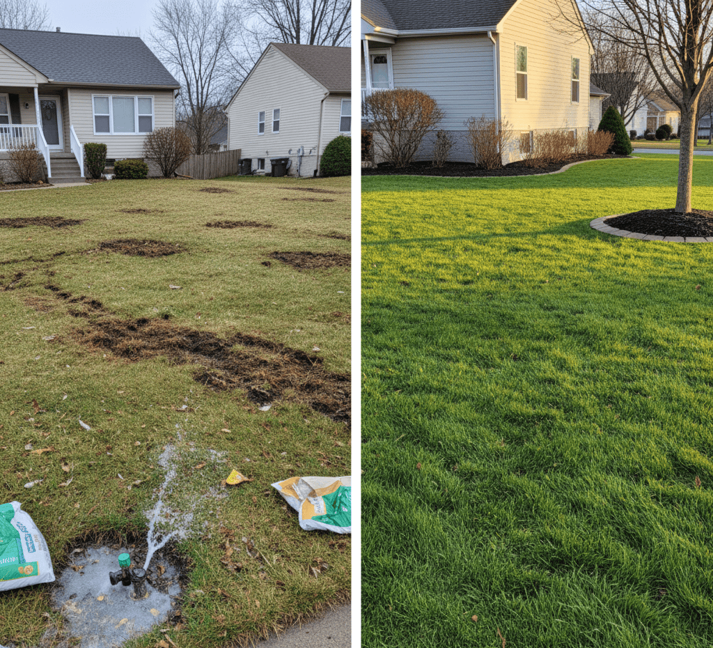 A backyard lawn showing exposed soil and a water line repair in progress with tools on the grass.