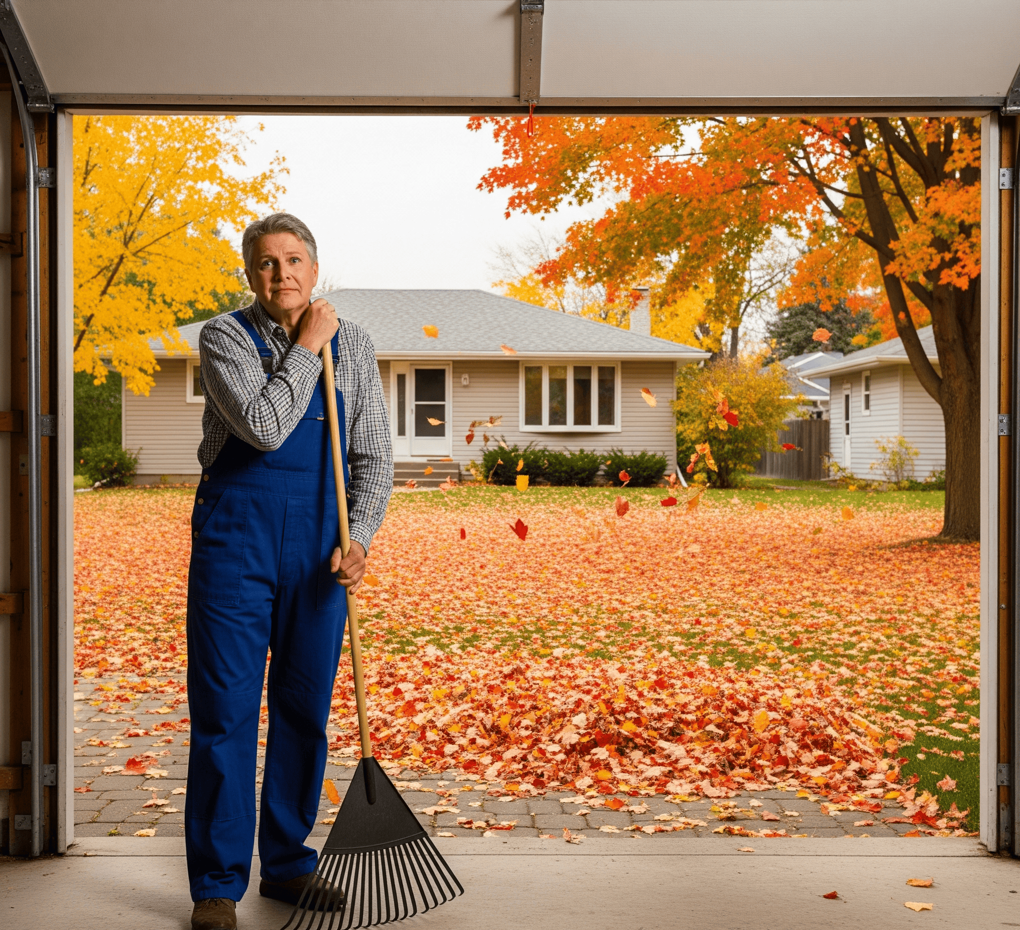 A worker in blue overalls standing with a rake in front of a house surrounded by colorful fall leaves.