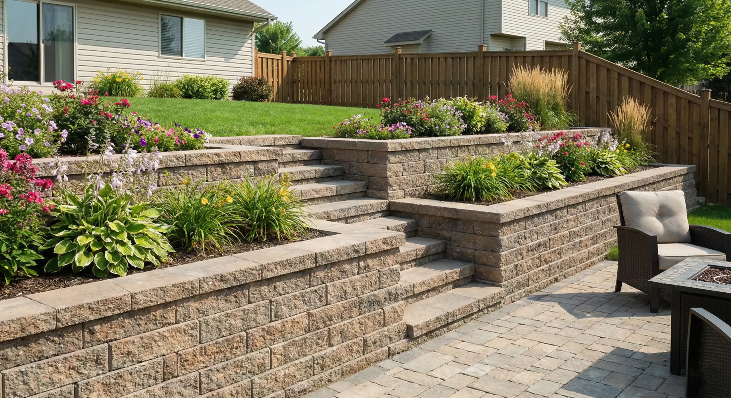 A multi-level retaining wall made of tan textured concrete blocks, featuring integrated stone steps and garden beds with colorful flowers next to a paver patio.