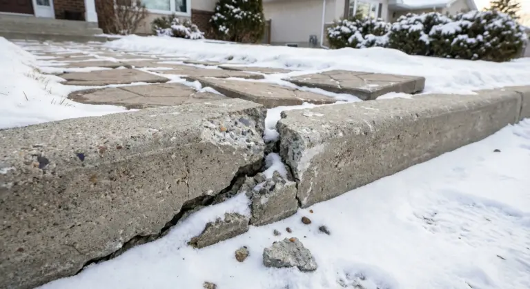 Frost heave soil movement diagram showing ice lens formation causing ground displacement in Winnipeg landscaping