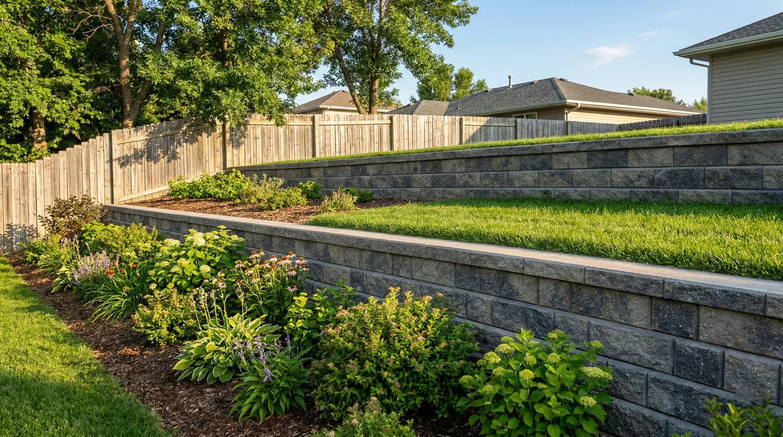 Retaining wall contractors Winnipeg building segmental block wall with proper drainage and geogrid reinforcement