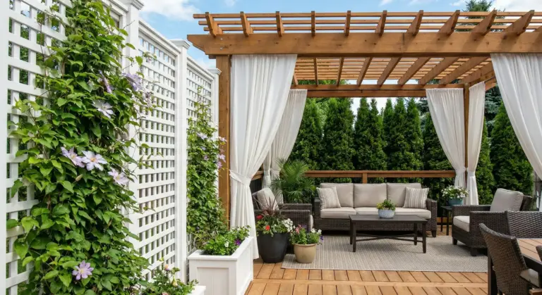 Deck privacy ideas Winnipeg lattice screen with climbing plants and pergola curtains