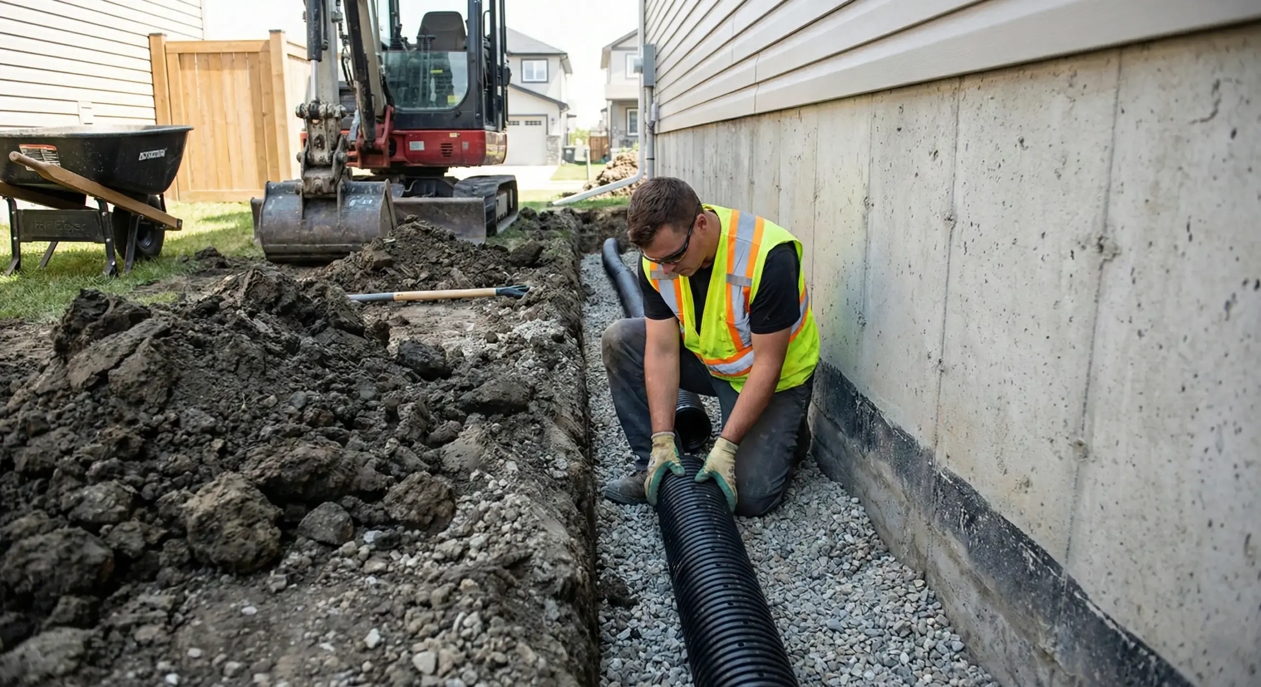 Drainage solutions Winnipeg showing French drain installation with gravel and perforated pipe