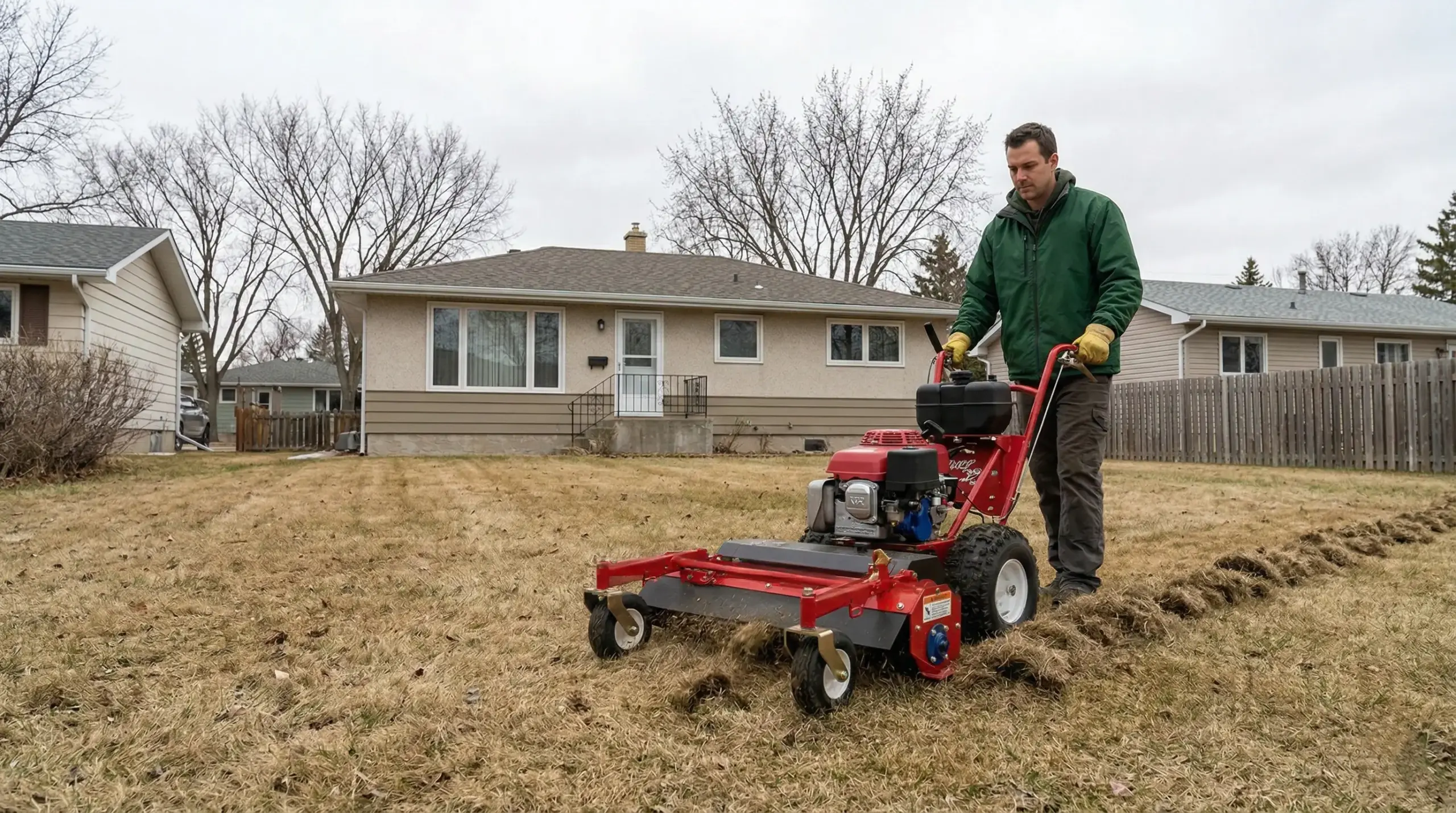 Lawn care professional power raking a Winnipeg residential lawn during spring cleanup