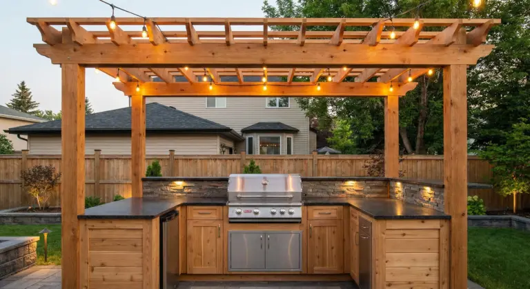 Outdoor kitchen builders Winnipeg showing Bull BBQ grill with granite countertops and pergola