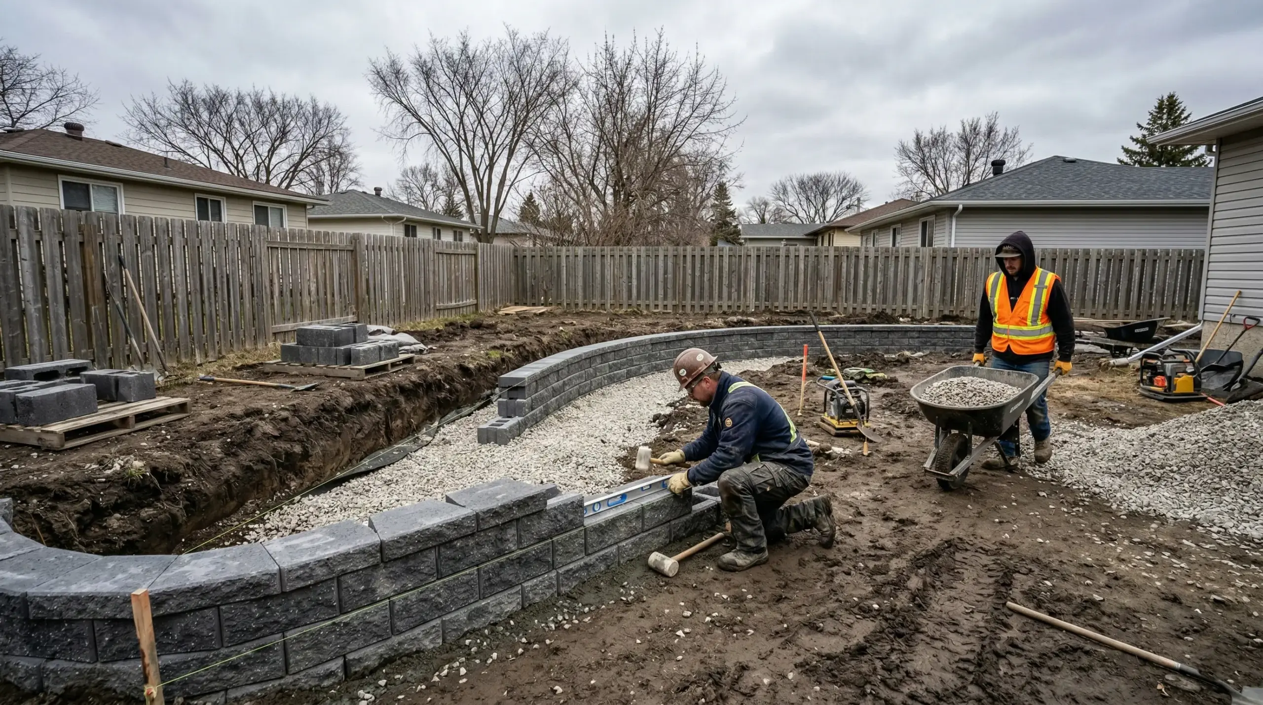 Completed segmental concrete block retaining wall on Winnipeg residential property built by Lawn N Order