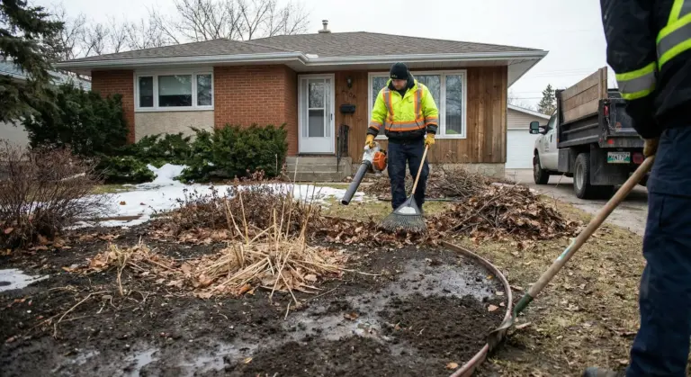 Spring cleanup Winnipeg showing professional debris removal and bed edging services