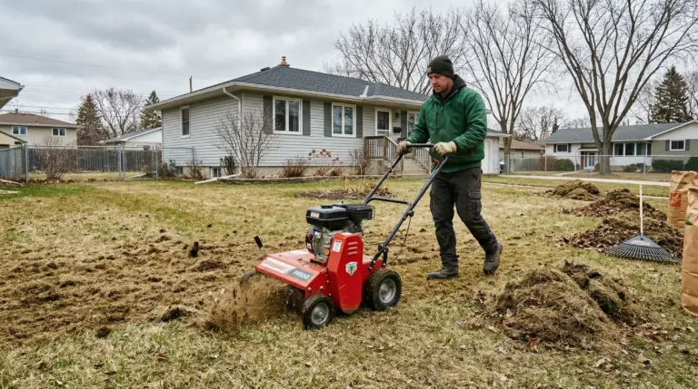 Spring cleanup in Winnipeg showing power raking and debris removal on residential lawn