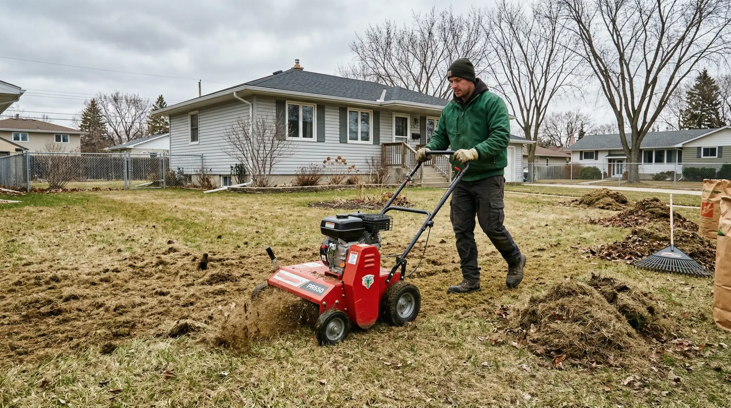 Spring cleanup in Winnipeg showing power raking and debris removal on residential lawn