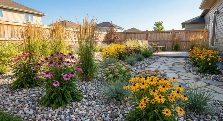 Xeriscaping Winnipeg showing drought-tolerant native plants and decorative rock