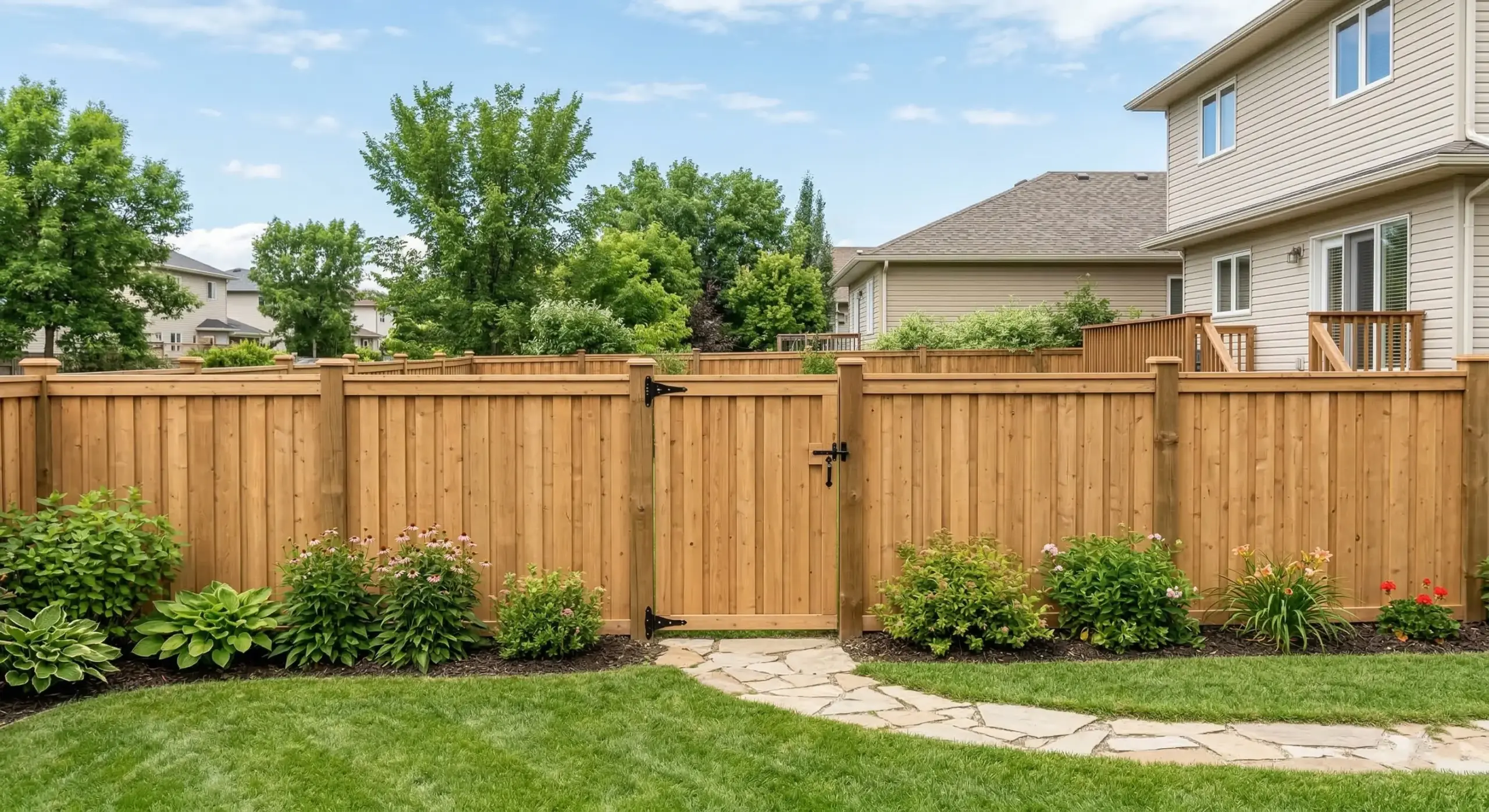 Completed cedar privacy fence with gate and professional landscaping in Winnipeg residential backyard