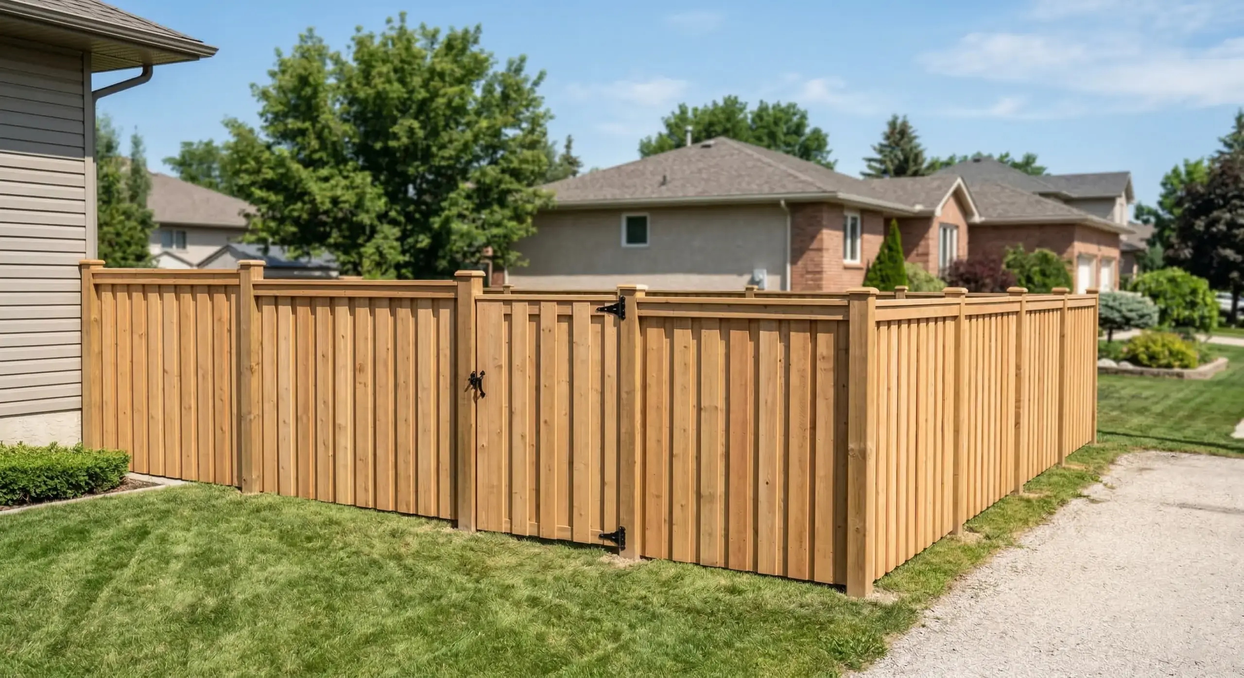 Newly installed cedar privacy fence with gate in Winnipeg residential side yard