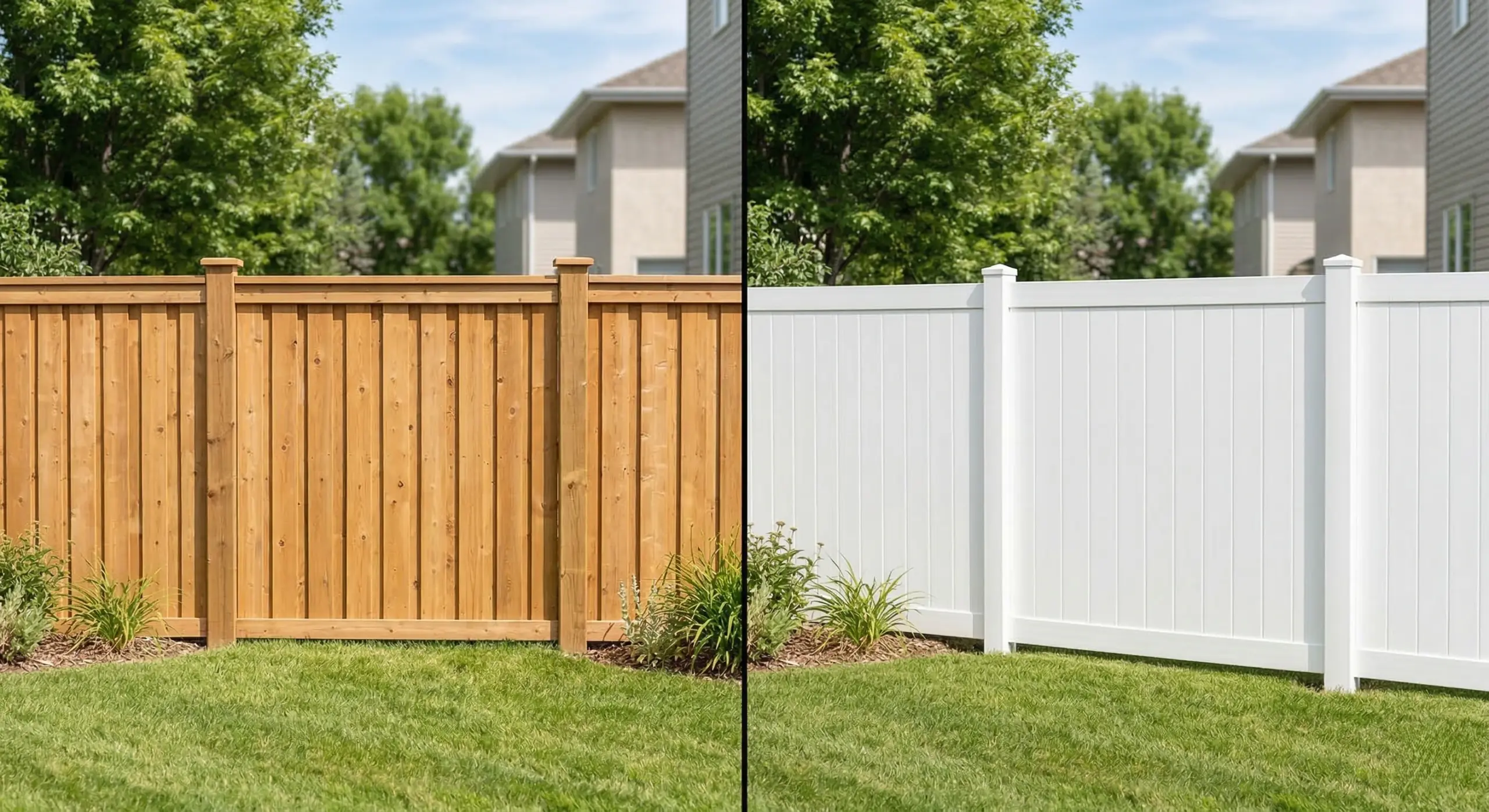 Side by side comparison of cedar wood and vinyl fence panels for Winnipeg residential installation