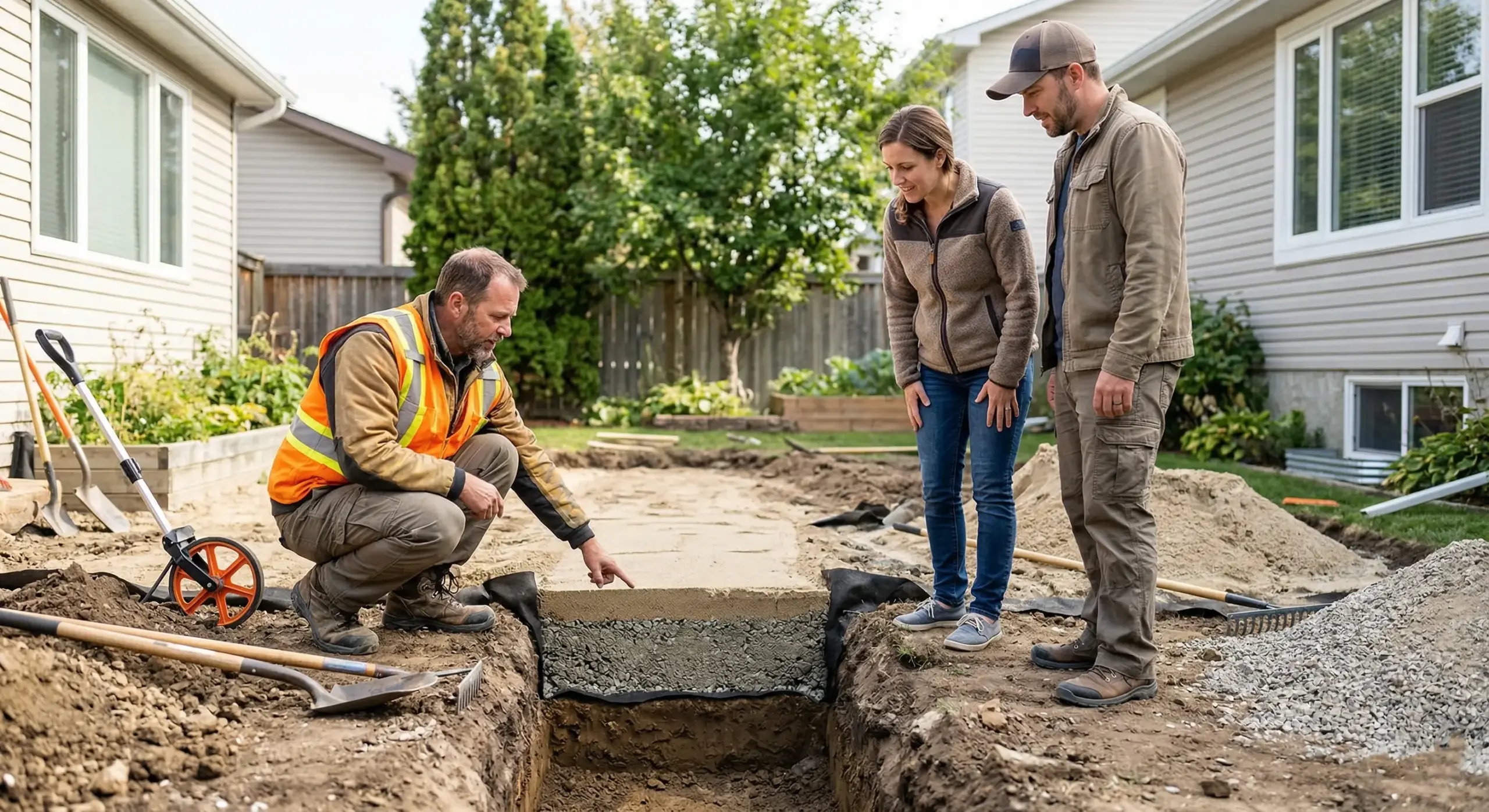 Professional landscape contractor explaining base construction layers to Winnipeg homeowner during project consultation
