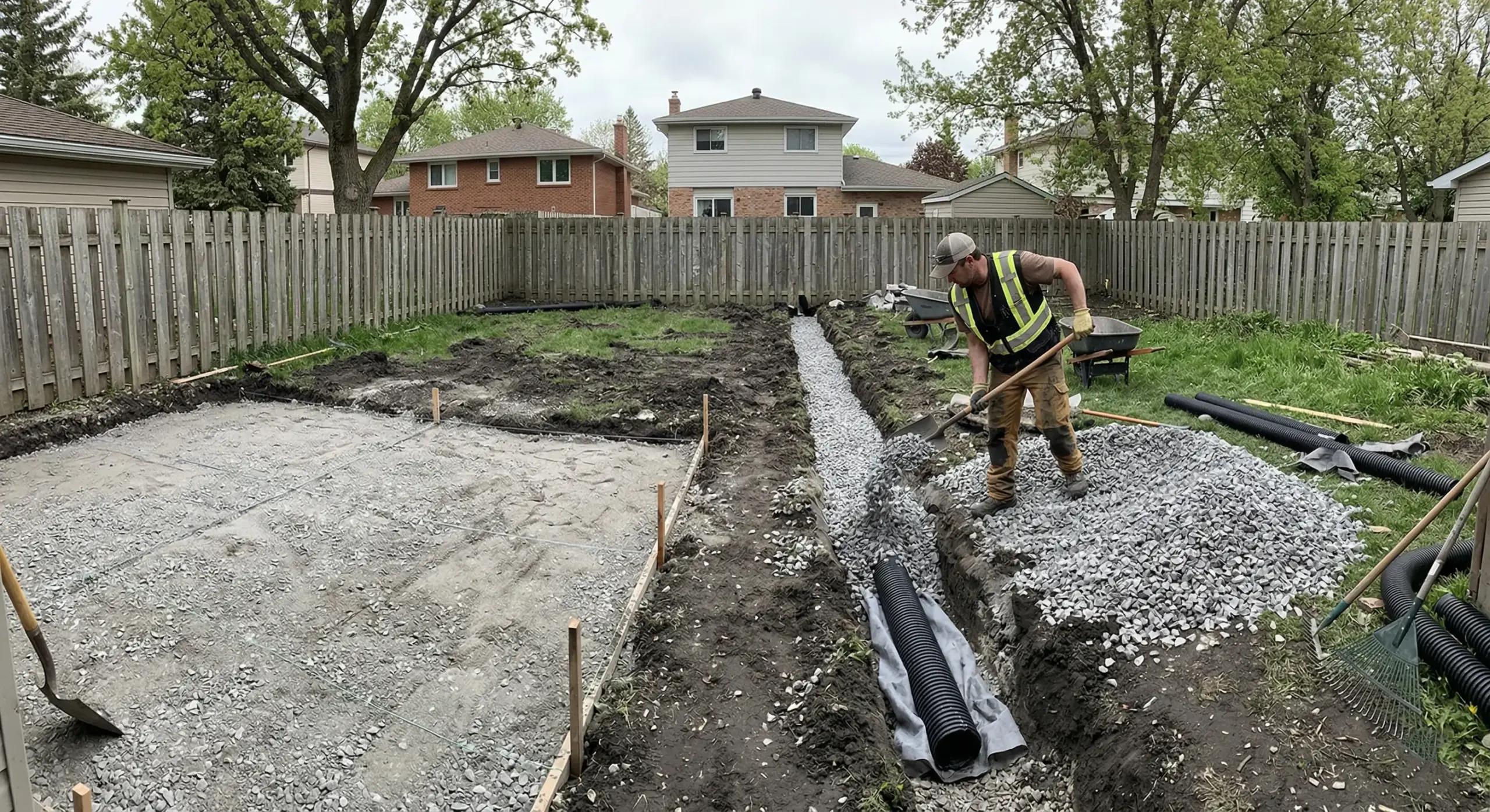 Landscape drainage installation in Winnipeg backyard showing French drain trenching and gravel bed before patio construction