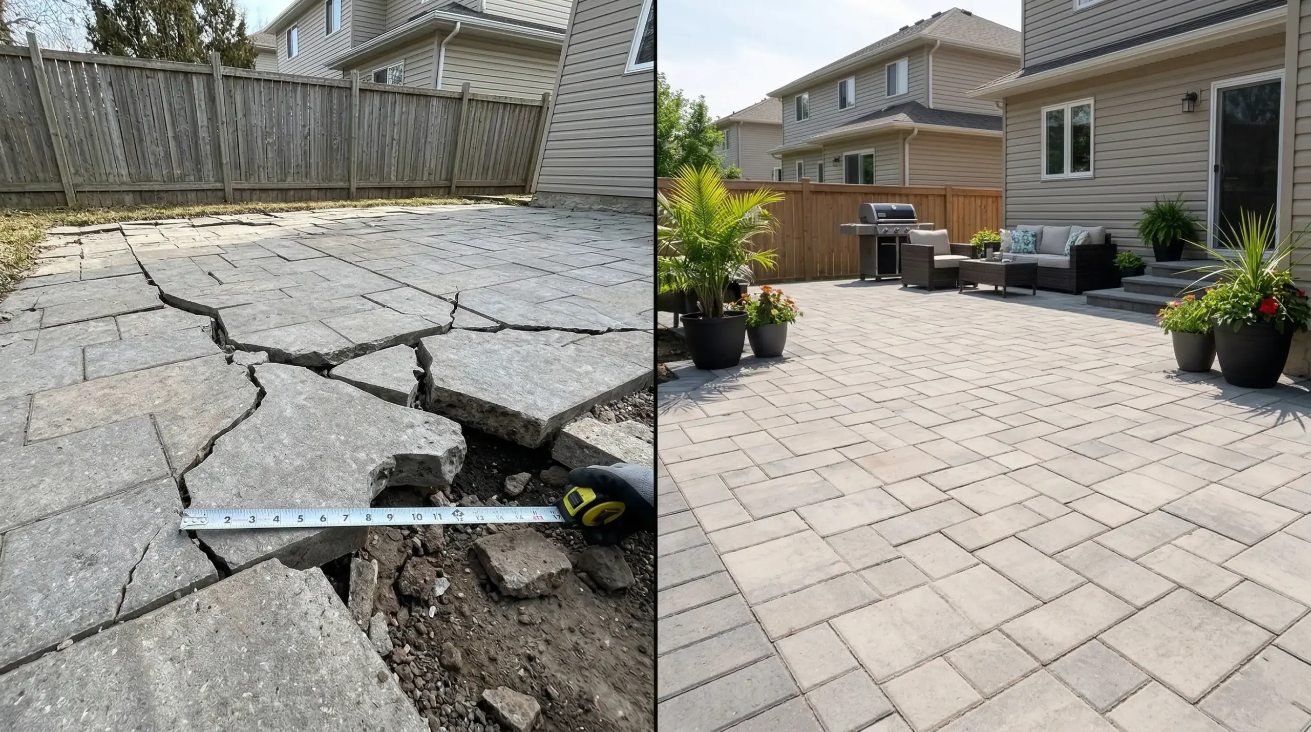 Hidden costs landscaping Winnipeg frost heave damaged patio compared to properly built installation`