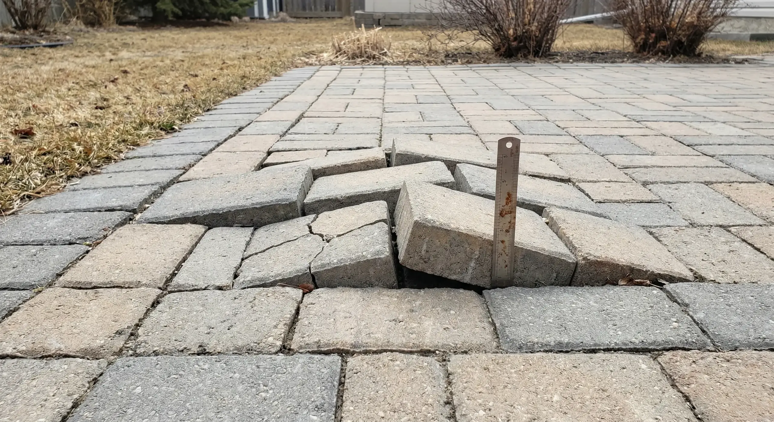 Frost heave damage on Winnipeg patio showing cracked and lifted interlocking pavers from inadequate base preparation