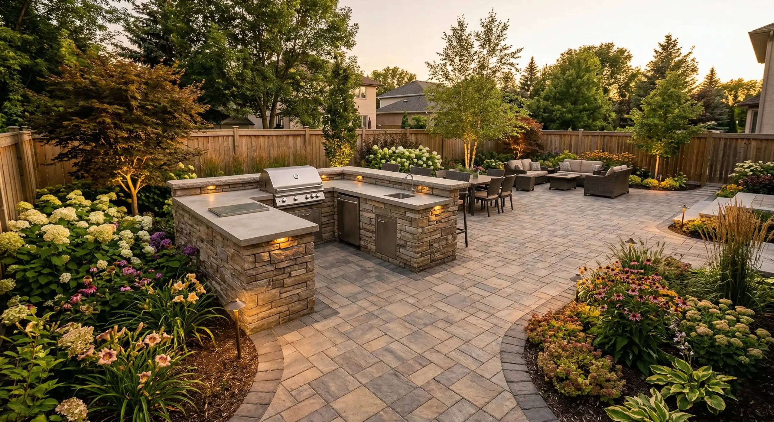 Finished Winnipeg backyard landscape project showing patio outdoor kitchen and garden that matches original design plan