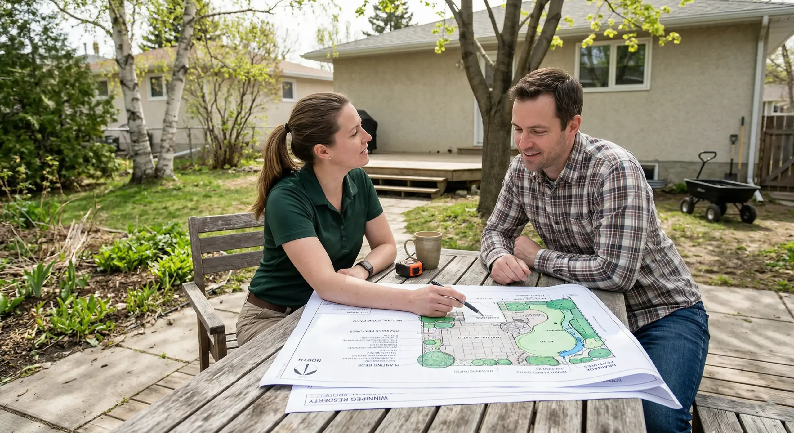 Landscape designer reviewing scaled site plan drawings with Winnipeg homeowner during outdoor consultation