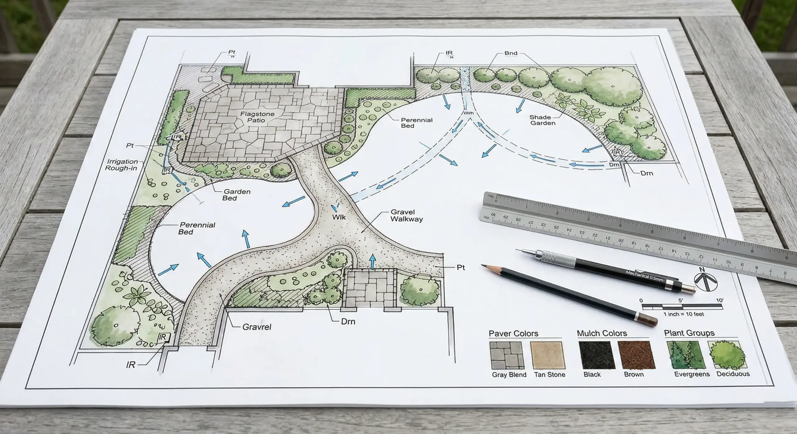 Landscape design drawing showing scaled site plan for Winnipeg backyard with patio walkways and planting bed layout