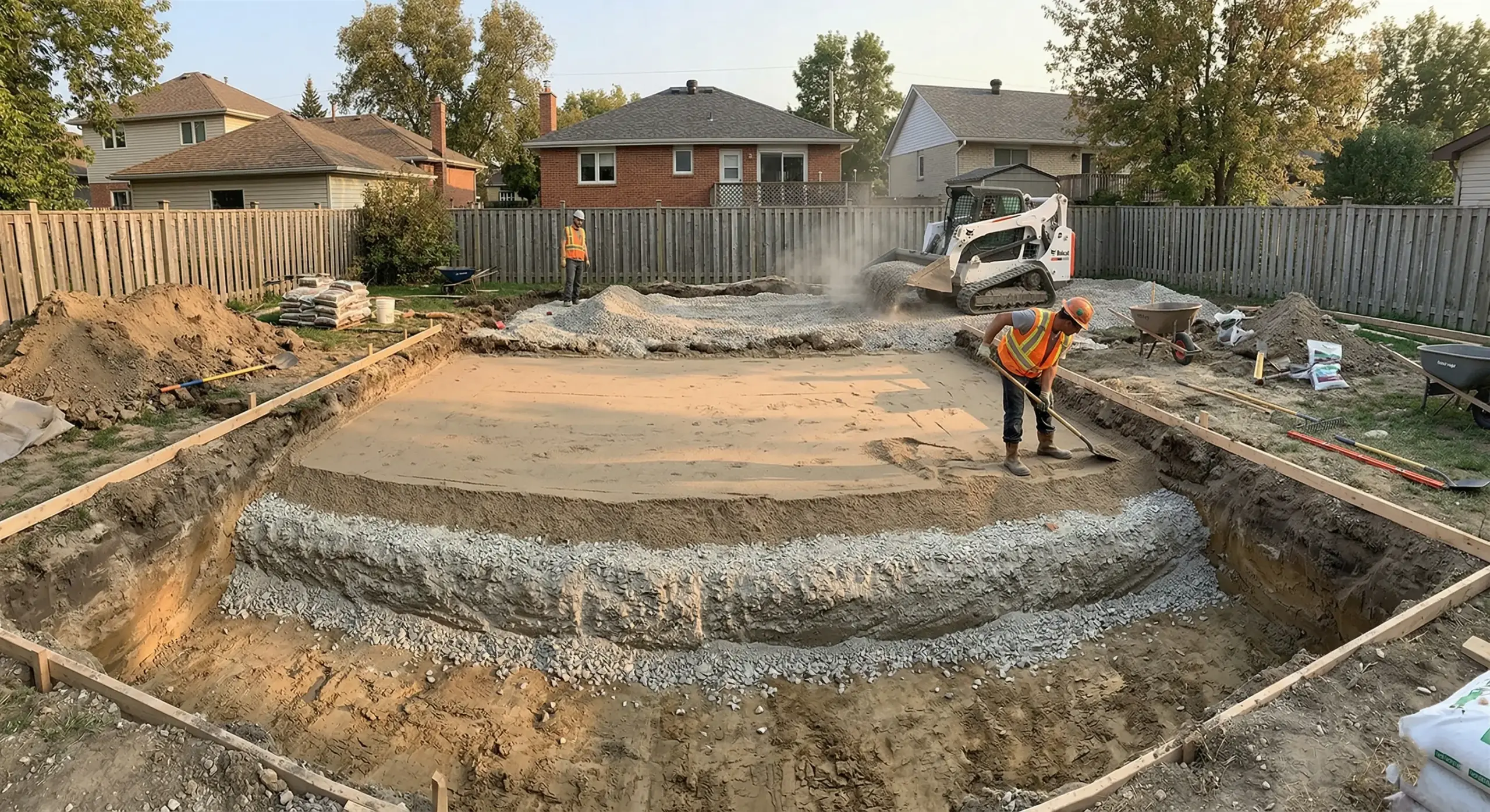 Winnipeg landscaping project showing deep excavation and compacted granular base installation for patio