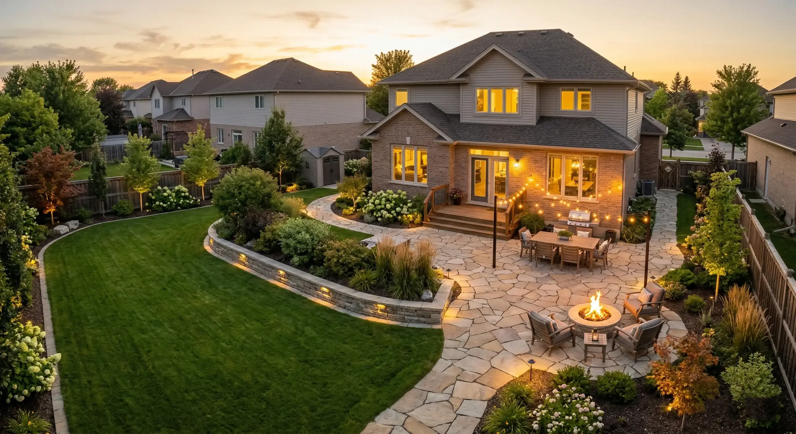 Completed Winnipeg landscaping project with paver patio, retaining wall, and professional outdoor living space