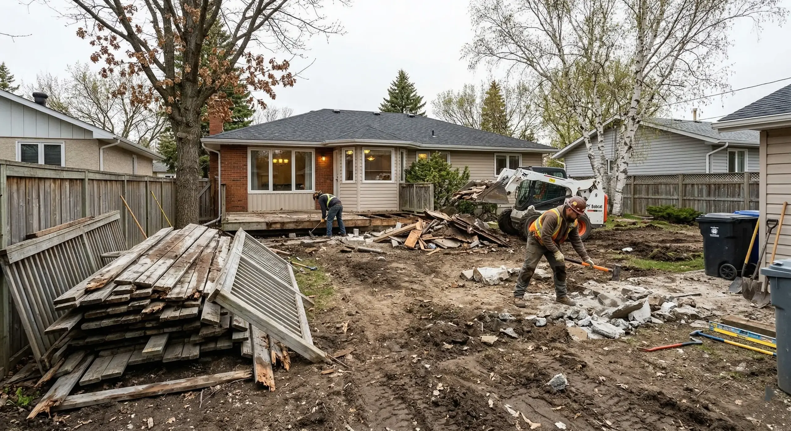Landscaping site preparation in Winnipeg showing old deck demolition and debris removal before new patio installation