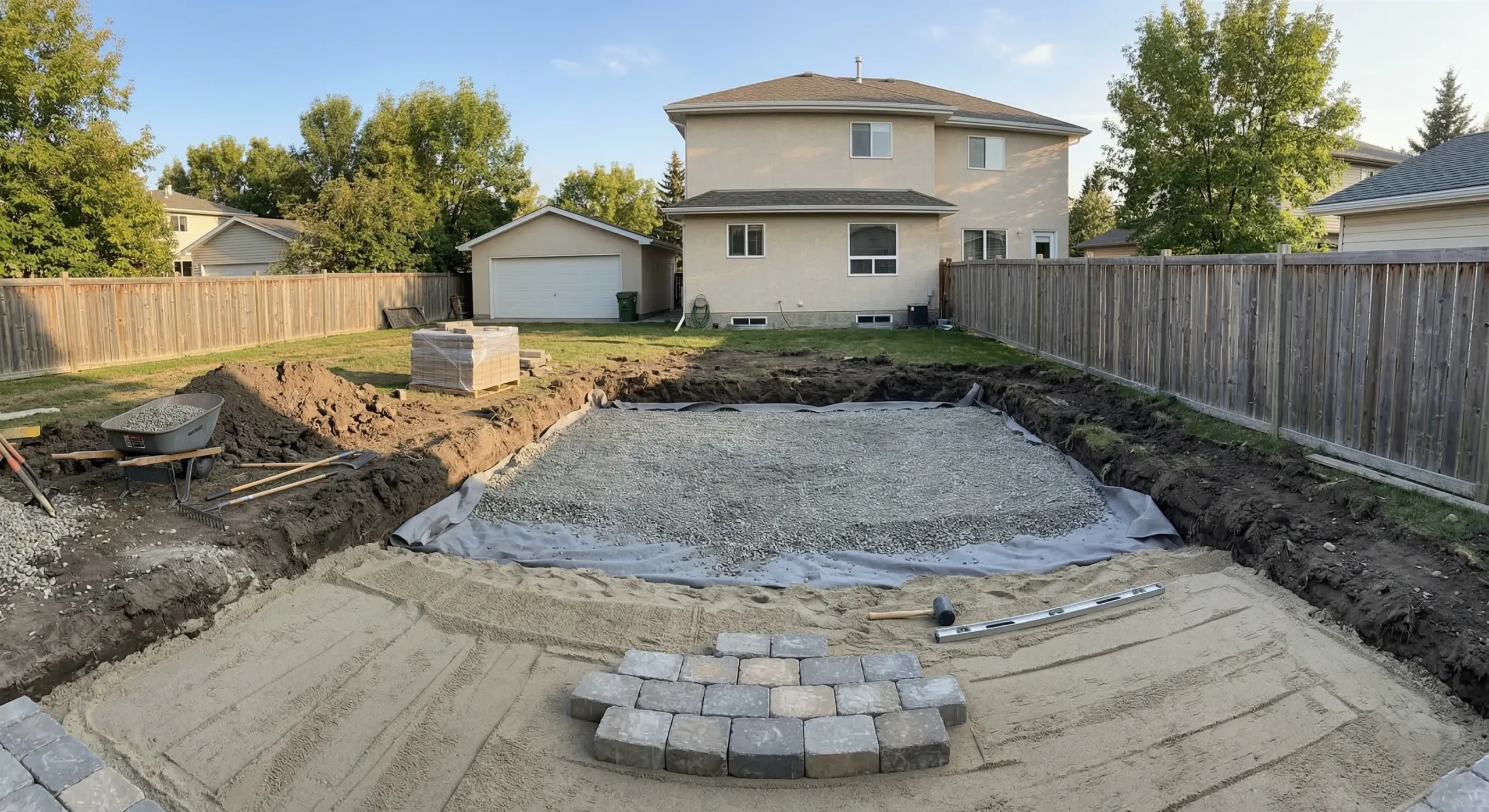 Patio base excavation showing granular base layers and geotextile fabric in Winnipeg backyard