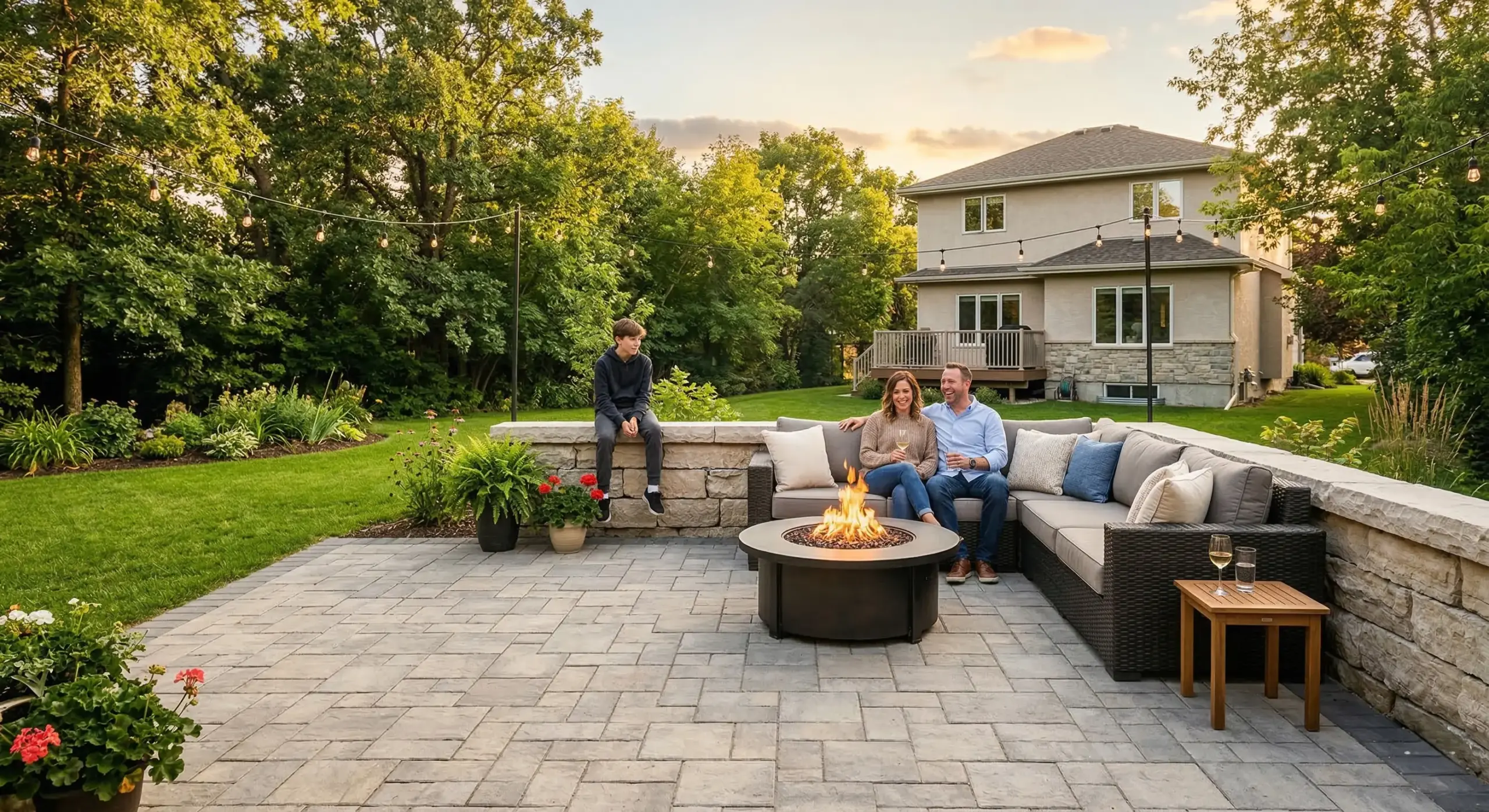 Finished paver patio with seating wall and outdoor furniture in Winnipeg backyard during summer