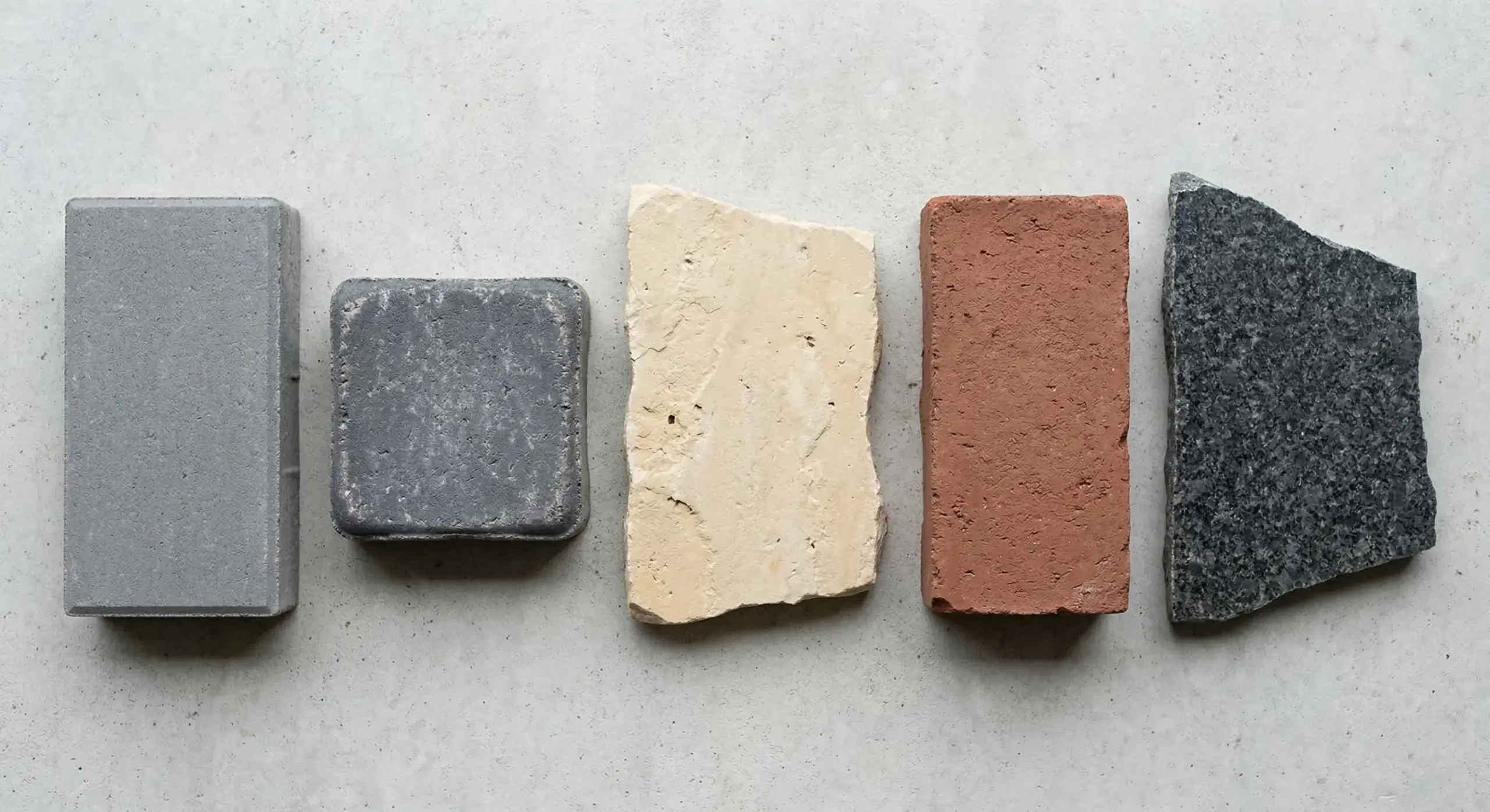 Different interlocking paver material options for Winnipeg patio installation including concrete and natural stone