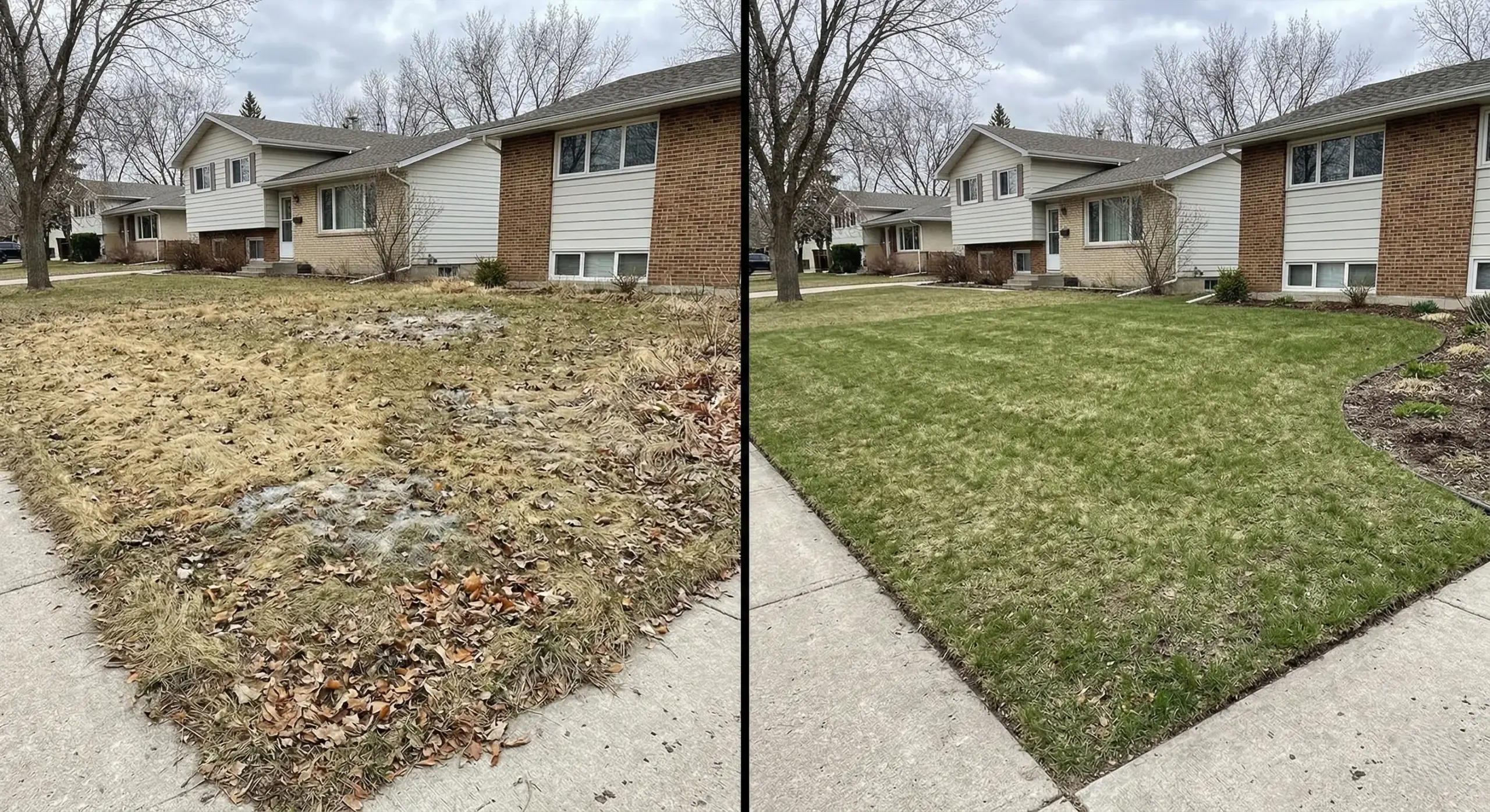 Before and after spring cleanup on Winnipeg residential lawn showing power raking and debris removal results