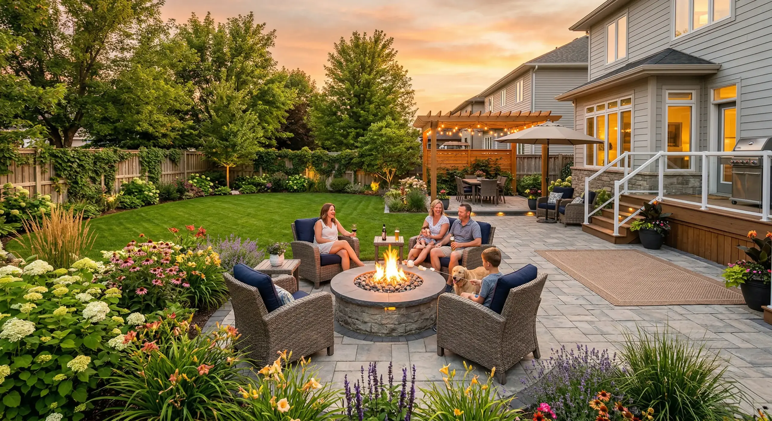 Completed Winnipeg backyard transformation with patio fire pit and landscaping finished before peak summer