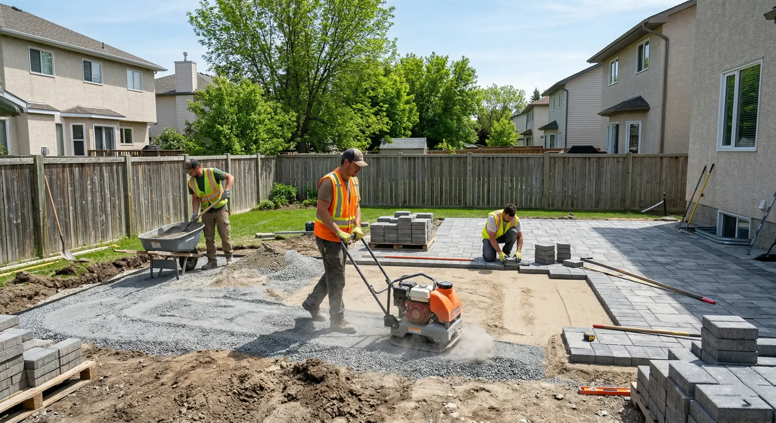 Winnipeg landscaping crew working on a backyard patio project in early summer showing seasonal construction window