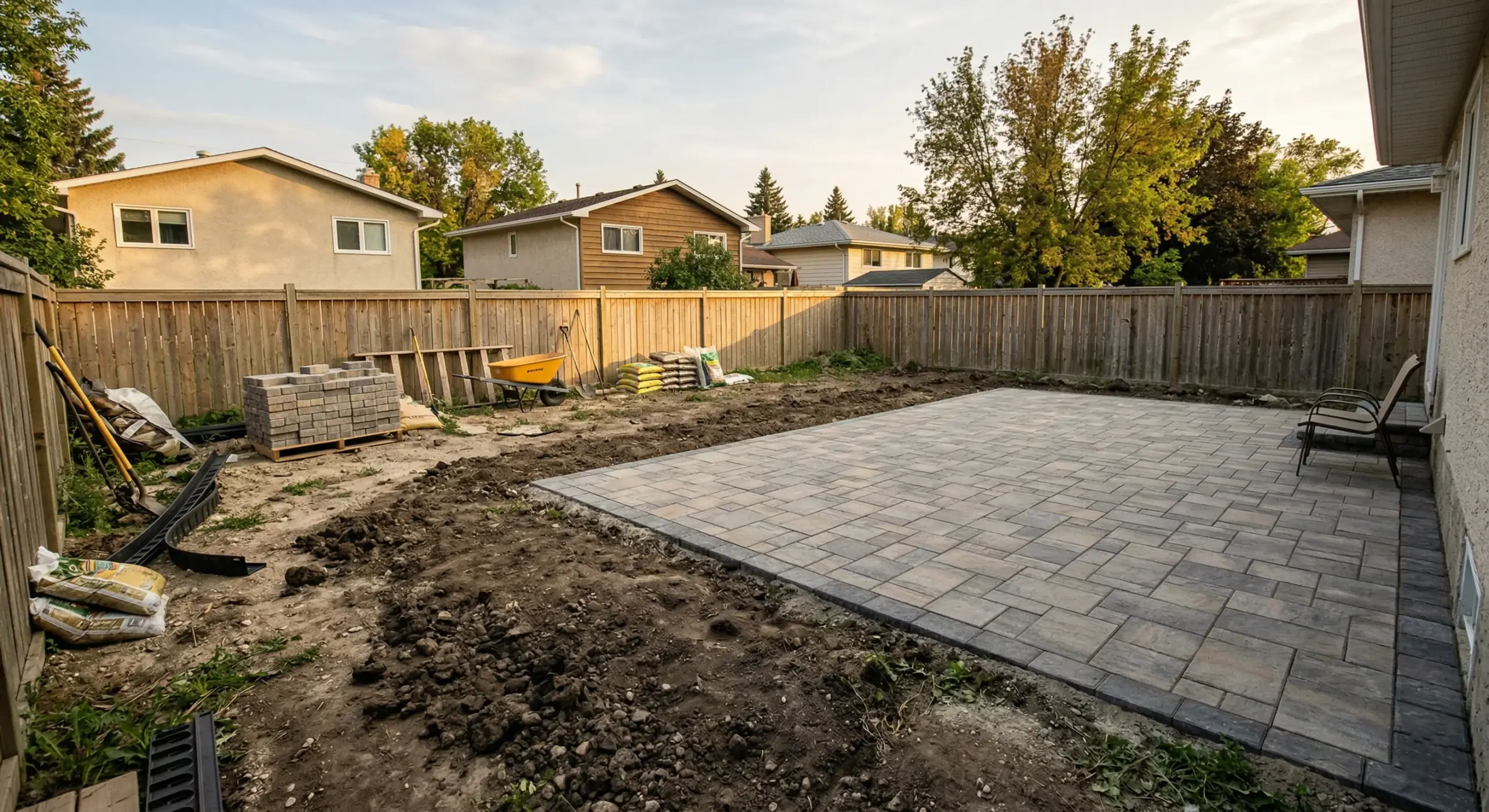 Winnipeg residential backyard in late August with partially completed landscaping project showing compressed timeline impact