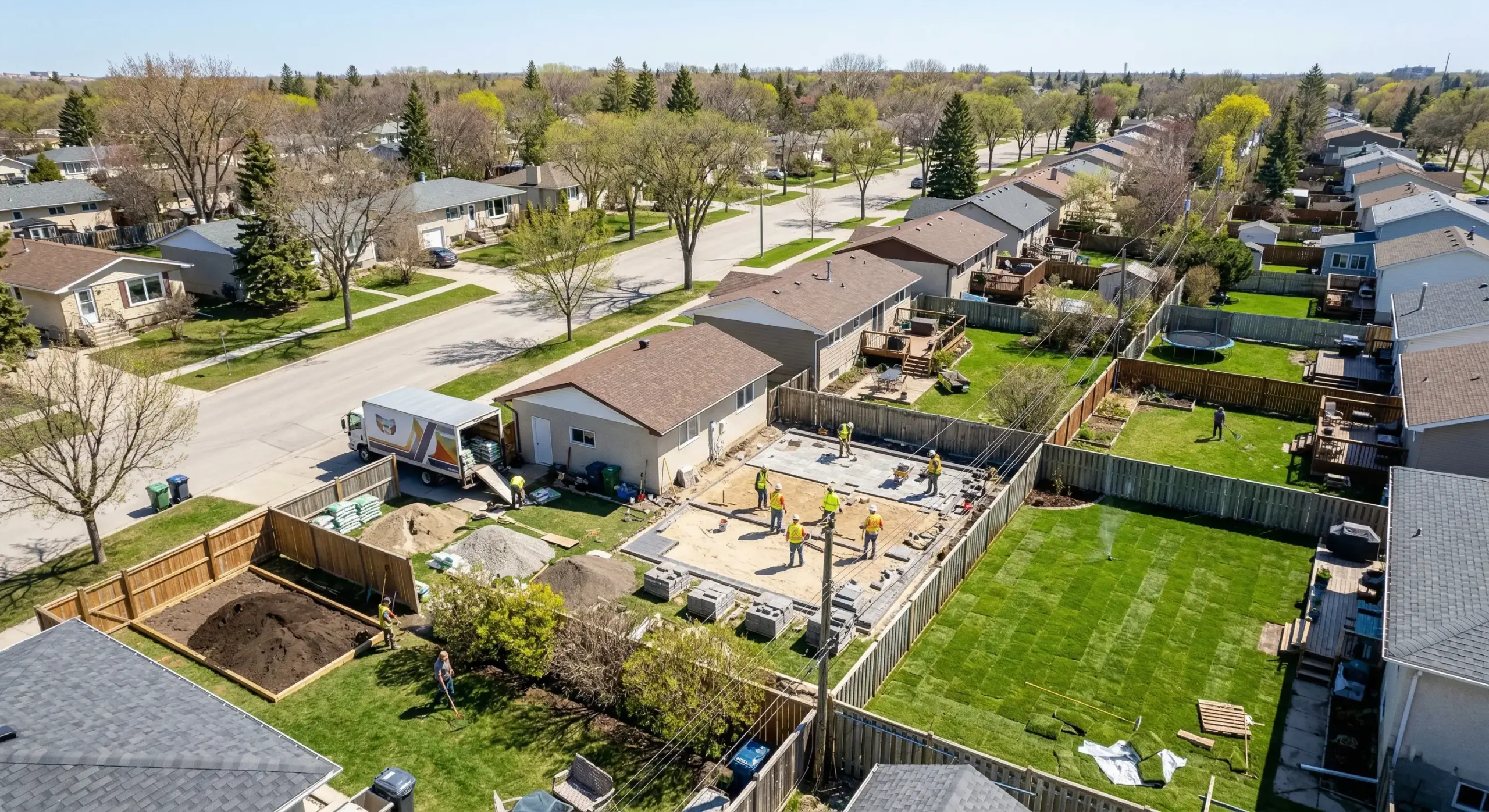 When to book landscaping Winnipeg spring build season with multiple crews active in neighbourhood