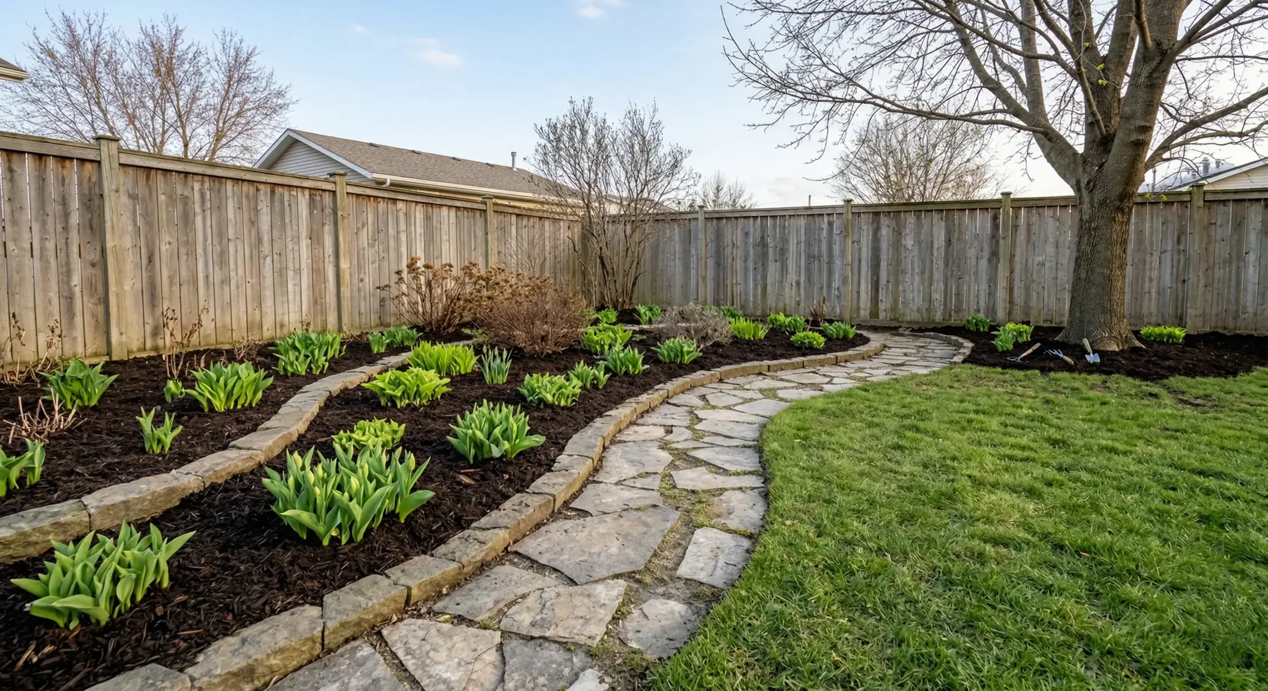 Before spring cleanup: winter debris and matted lawn