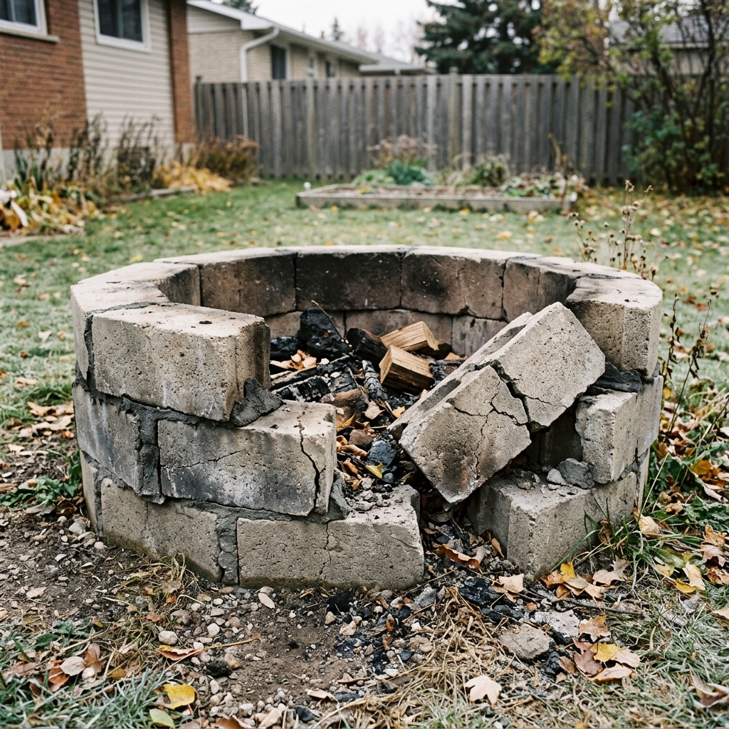 Cracked generic concrete block fire pit in Winnipeg backyard showing failed mortar joints from heat cycling and freeze-thaw damage