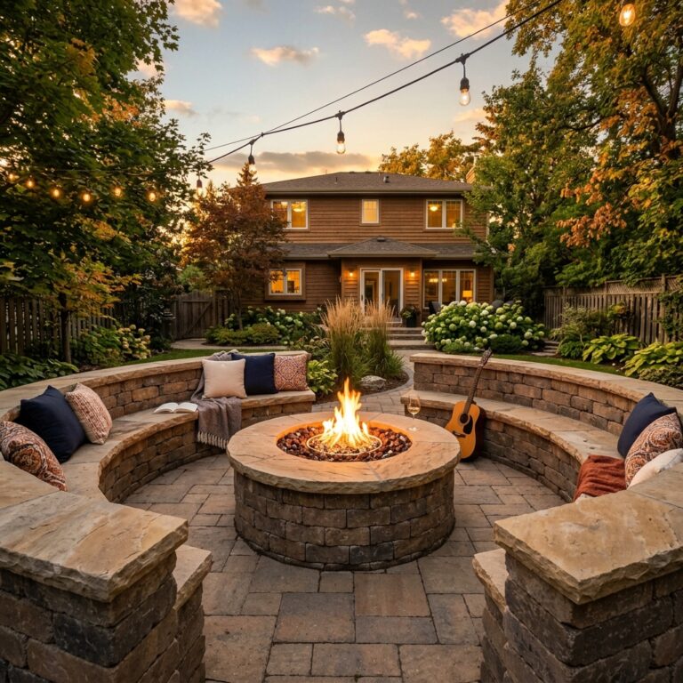 Fire pit Winnipeg custom gas installation with Belgard block surround seating wall and patio at golden hour