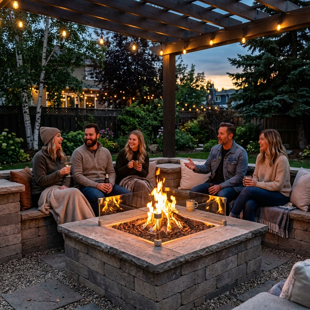 Custom gas fire pit with Belgard block surround and integrated seating wall in Winnipeg backyard at dusk