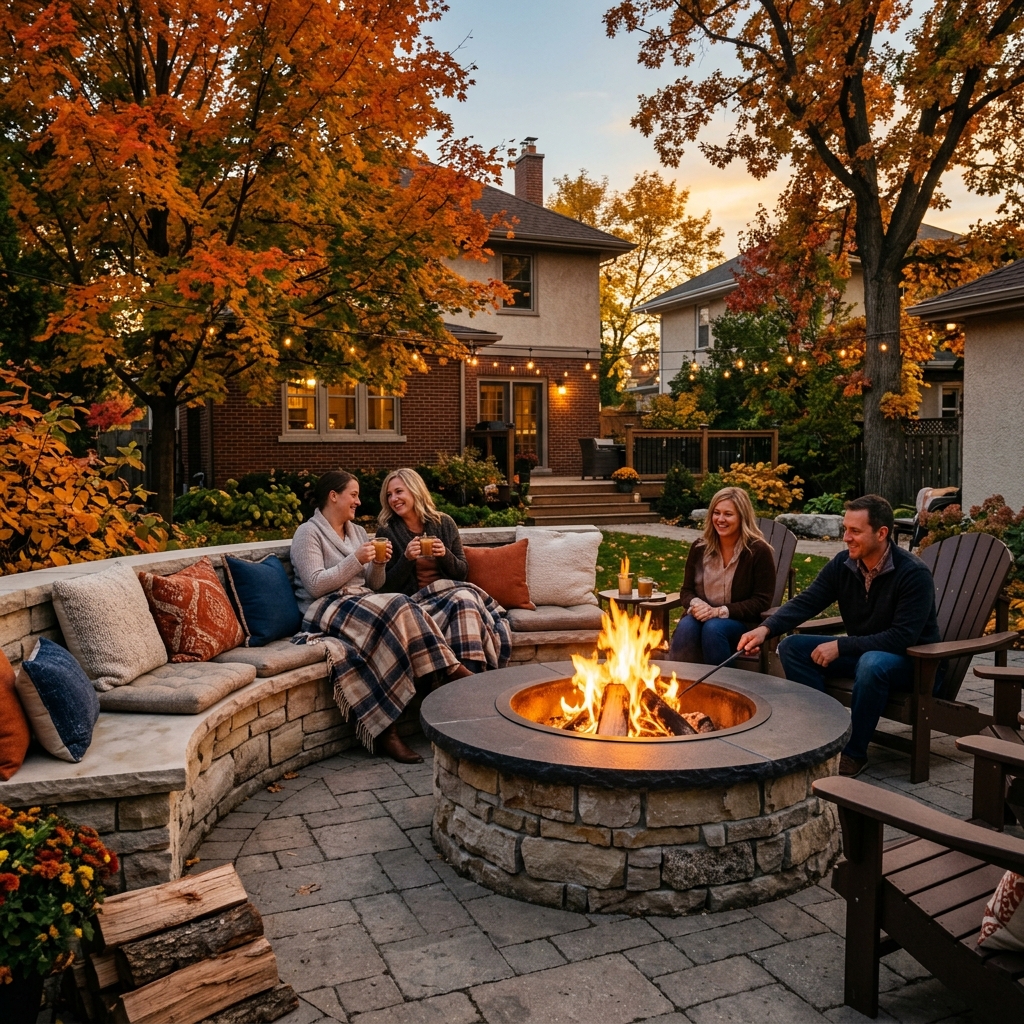 Properly installed wood-burning fire pit with natural stone surround and seating wall in Winnipeg backyard on fall evening