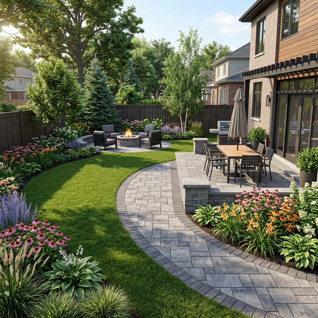 3D landscape design visualization rendering for Winnipeg residential property showing patio firepit and garden layout