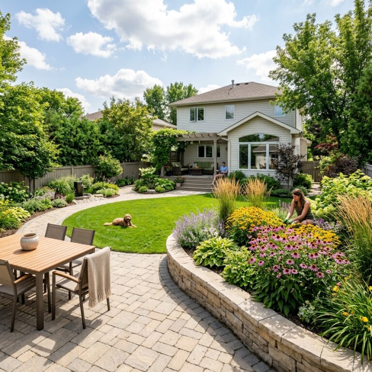 Landscape design Winnipeg completed residential backyard with patio perennial beds and lawn by Lawn 'N' Order