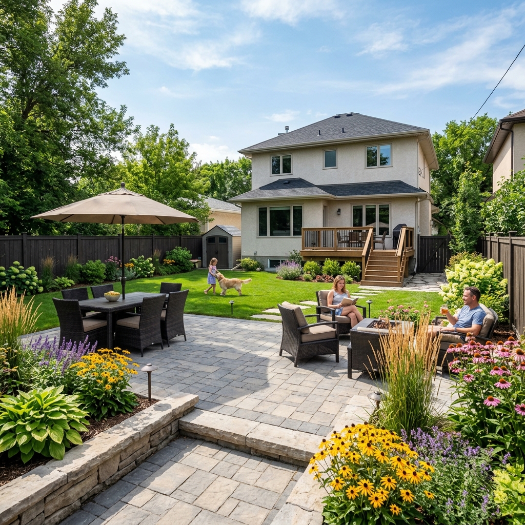 Completed residential landscape design in Winnipeg backyard with patio perennial beds and lawn by Lawn N Order