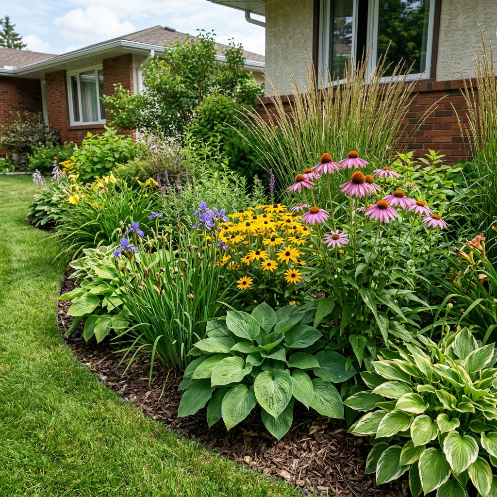 Zone 3 hardy perennials in bloom in Winnipeg residential garden bed designed by Lawn N Order landscape designers