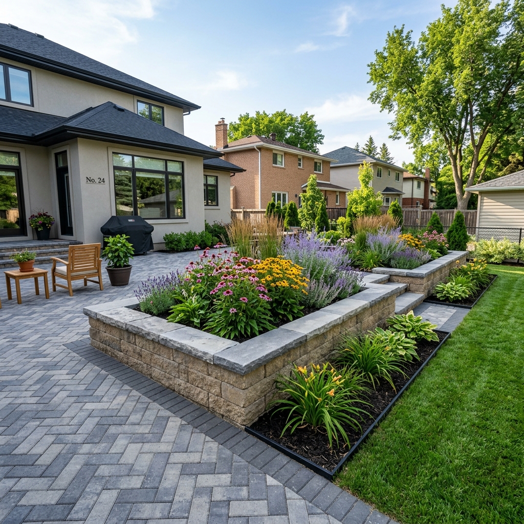 Completed Lawn N Order landscaping project in Winnipeg showing paver patio retaining wall and professional finish quality